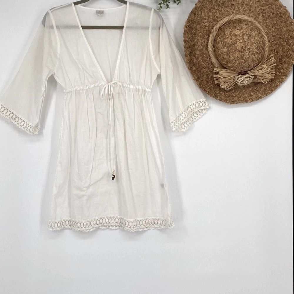 Milly Cabana Cotton Semi-Sheer Boho Lace Plunging V-Neck Cover-Up Cream Small